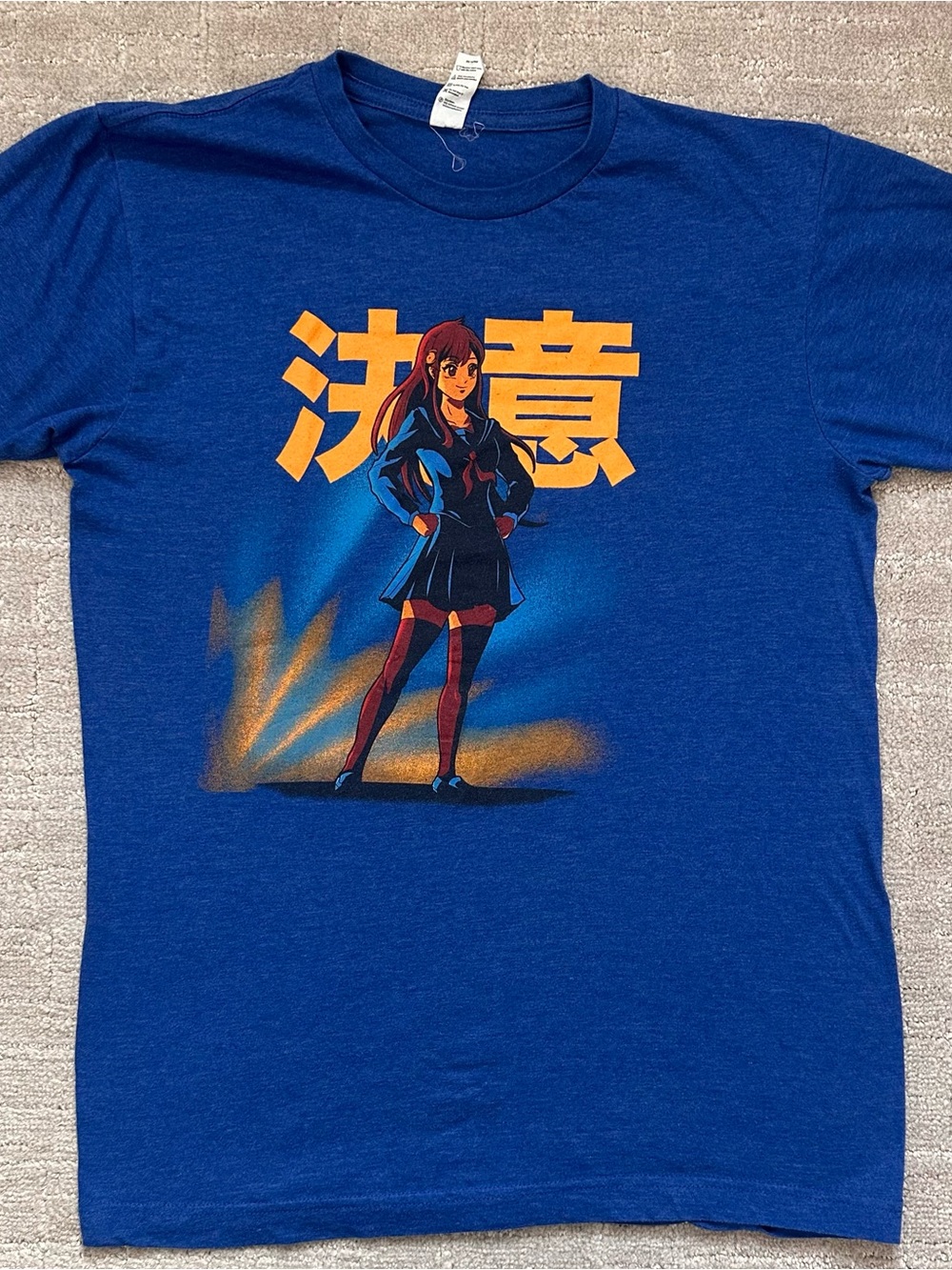 Blue Anime Graphic Tee with Yellow Kanji